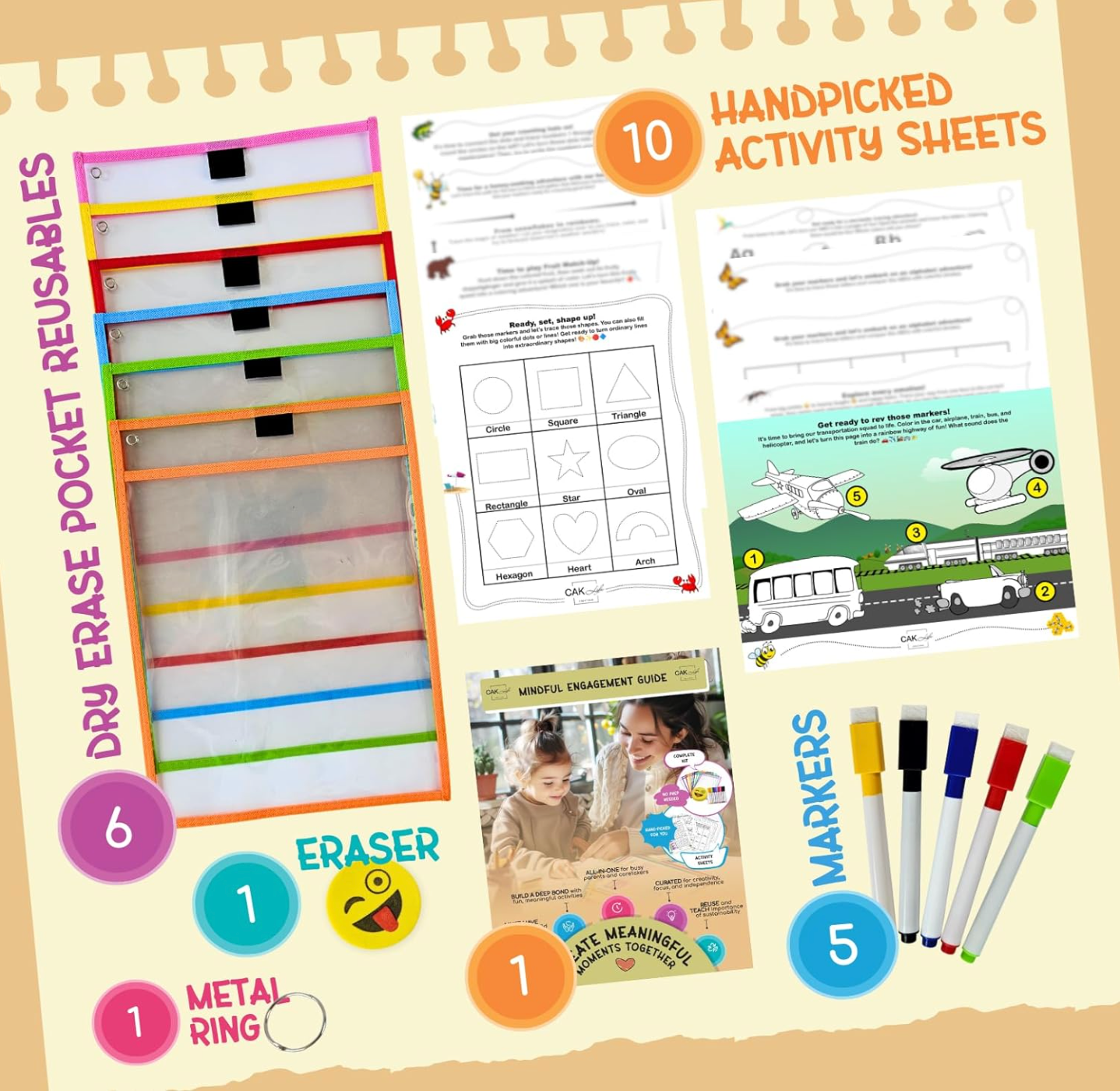 Mindful learning is bonding, all in one set. Reusable dry erase pockets, makers, eraser, and hand pick activity sheets