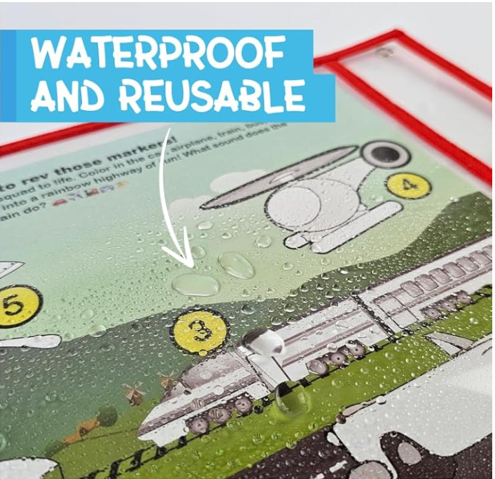 Reusable and waterproof educational material with a cartoon airplane design, showing water droplets on the surface.