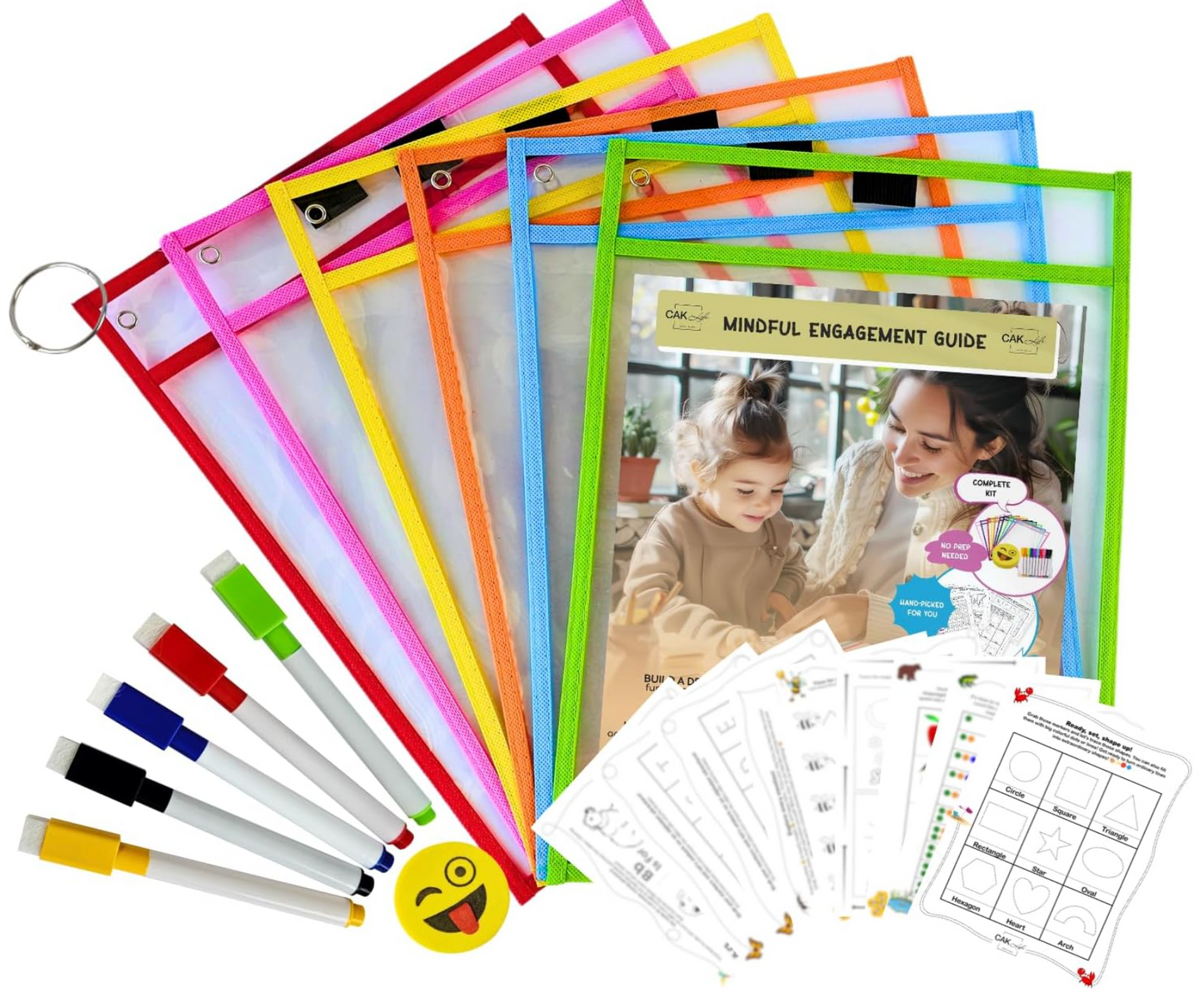 Mindful learning is bonding, all in one set. Reusable dry erase pockets, makers, eraser, and hand pick activity sheets